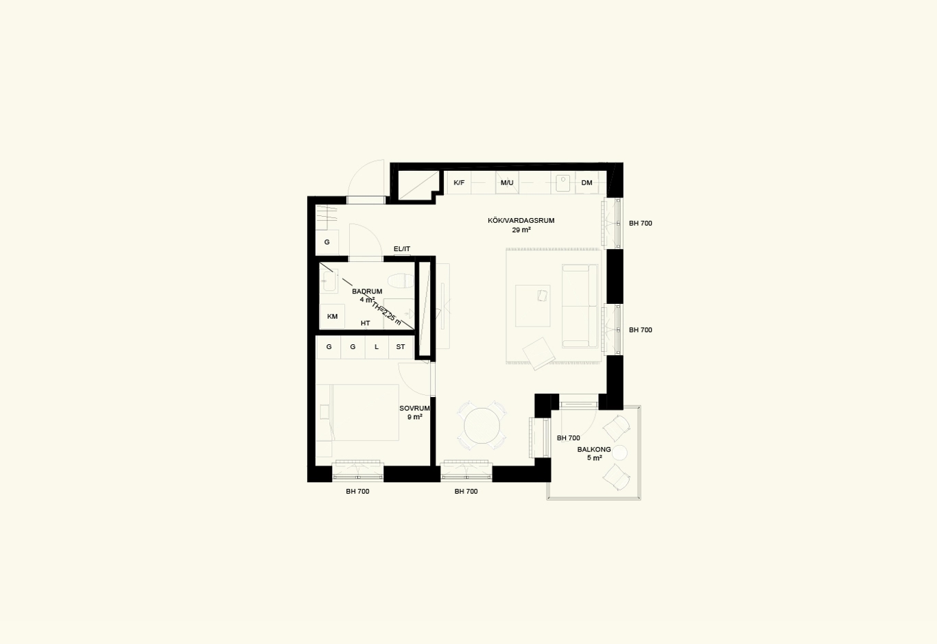 Planlösning som visar en 2-rumslägenhet, cirka 48 kvadratmeter