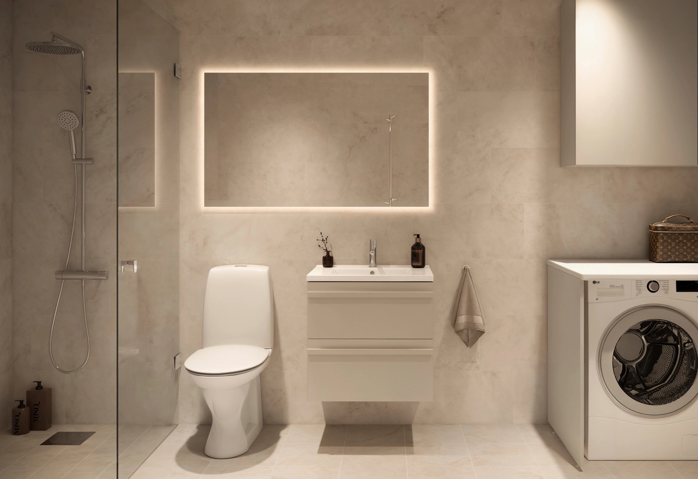 Modernt badrum med toalett, handfat, dusch, tvättmaskin och en stor bakgrundsbelyst spegel.