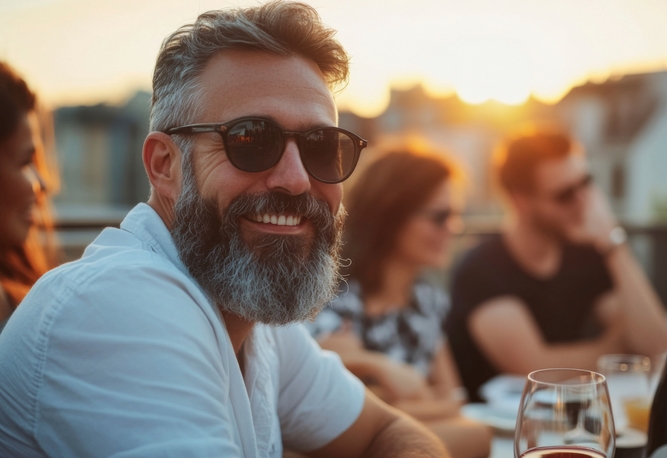 Man med solglasögon och skägg som ler under en utomhusfest med vänner i solnedgången.