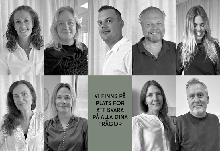 Ett collage av åtta personer i svartvitt med svensk text i mitten på en grön bakgrund.