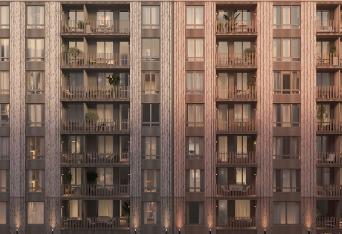 Indragna balkonger i flerfamiljshus vid Hornsbergsstrand.