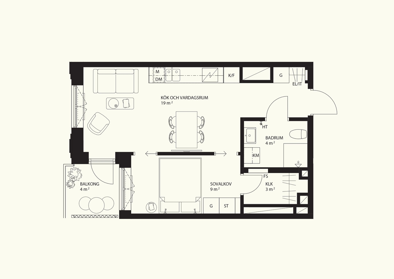 Planritning 2 rum och kök 41 kvm