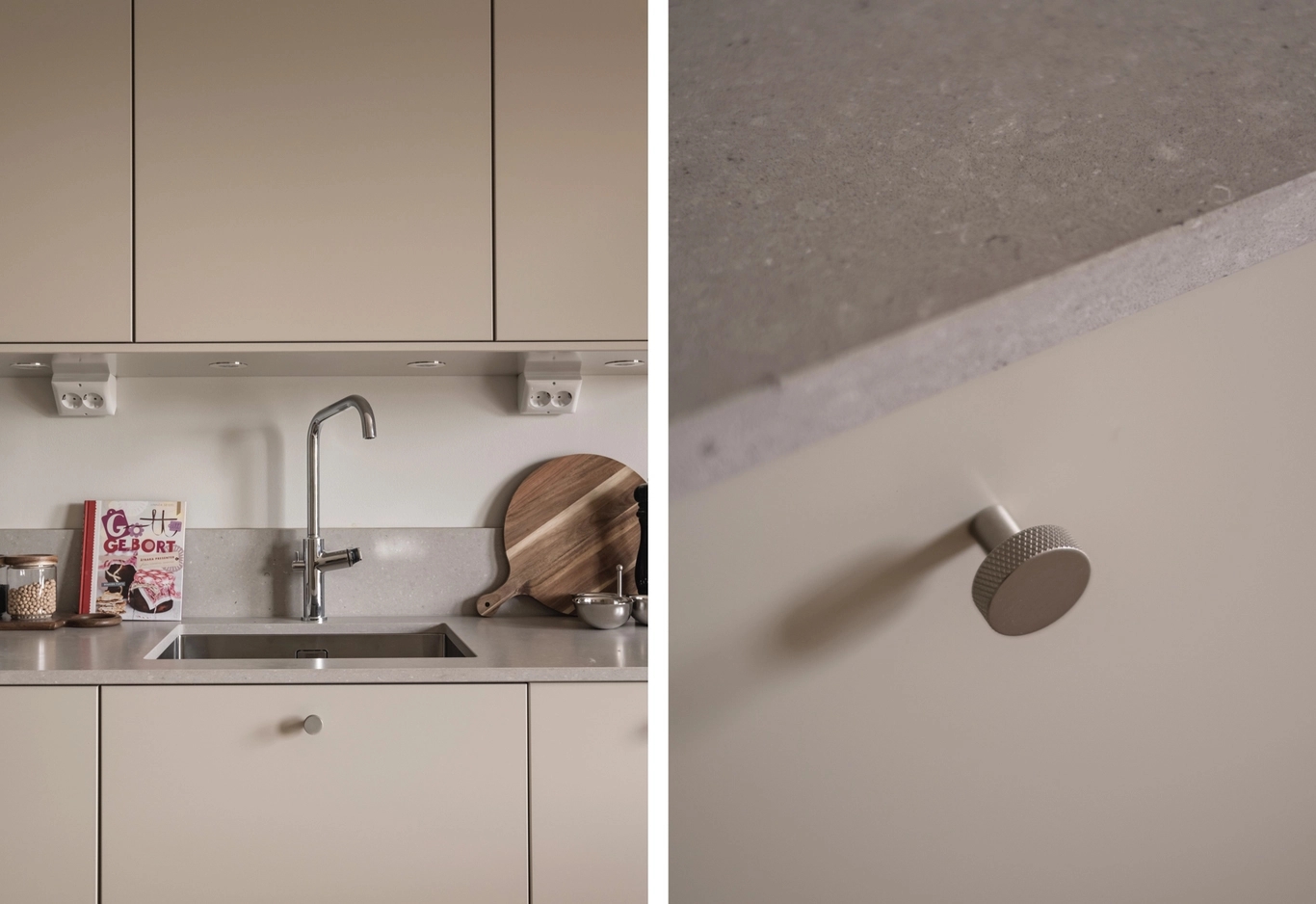 Detaljbilder från kök i ett kollage - köksluckor i beige ton och rostfri knopp.