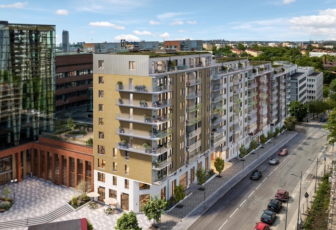 Fasadbild på Kellhagen med torg i förgrunden