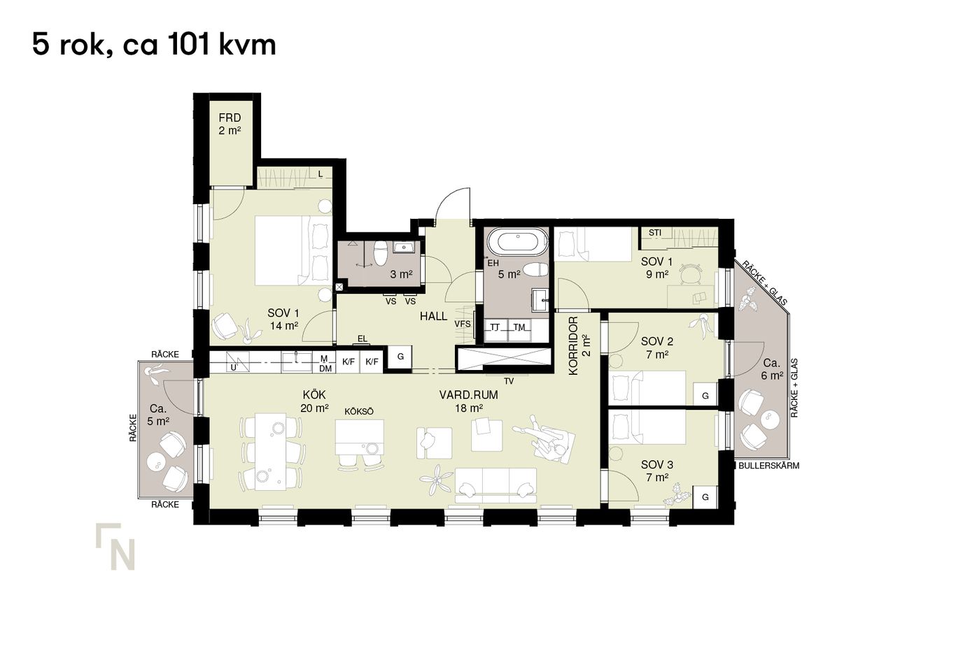 Planlösning som visar en planlösning med fem rum med kök, vardagsrum, tre sovrum, två badrum och en balkong. Total yta är cirka 101 kvadratmeter.