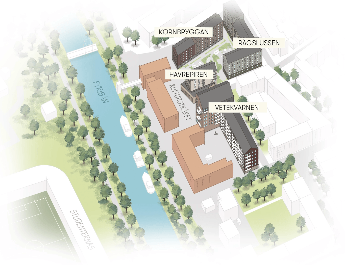 Ilustrerad översikt över Skeppskajen och dess omkringliggande bostadskvarter och Fyrisån