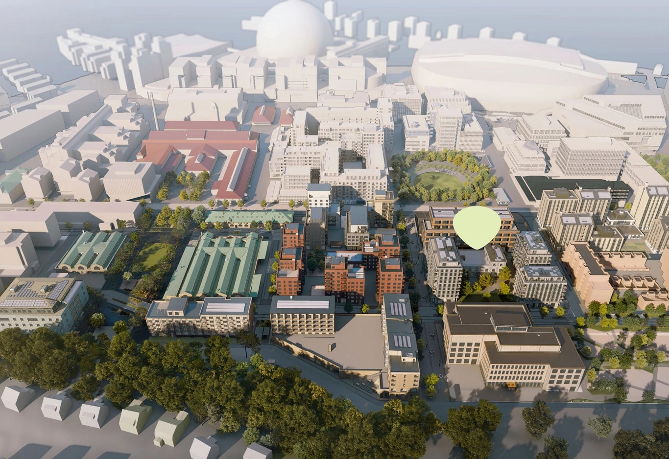 Visionsbild i 3D över Slakthusområdet år 2030, Stockholms stad/Robert Niziolek/White arkitekter