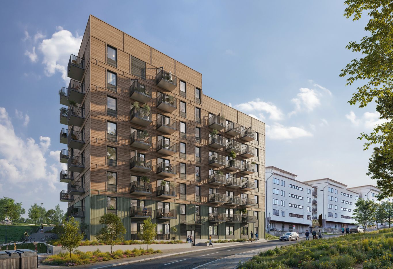 Exteriör Hertha. Vägen Skogsslingan i förgrunden.