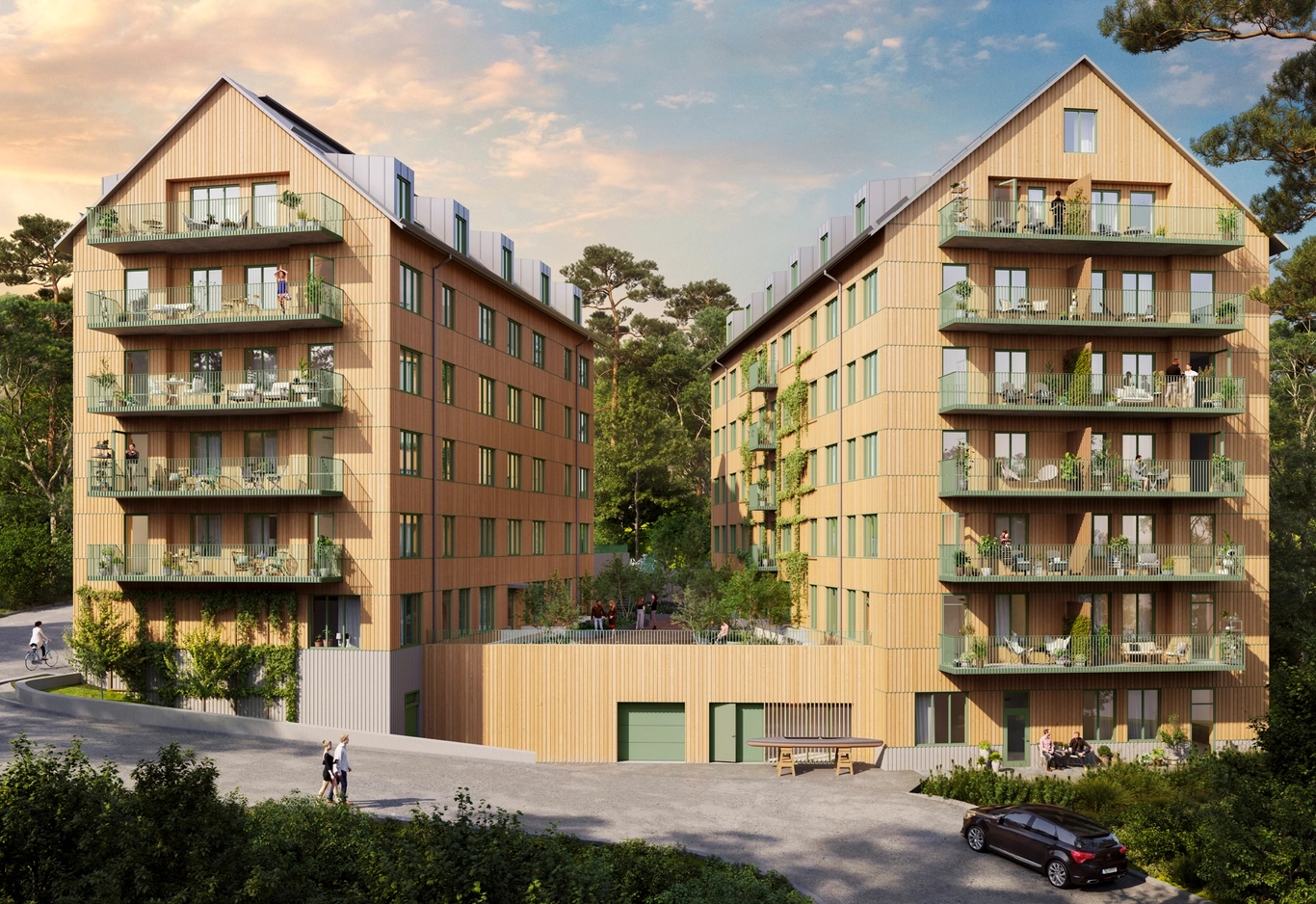 Två moderna, träklädda flerbostadshus med balkonger, omgivna av grönska, 3D-rendering av Lilla häll.