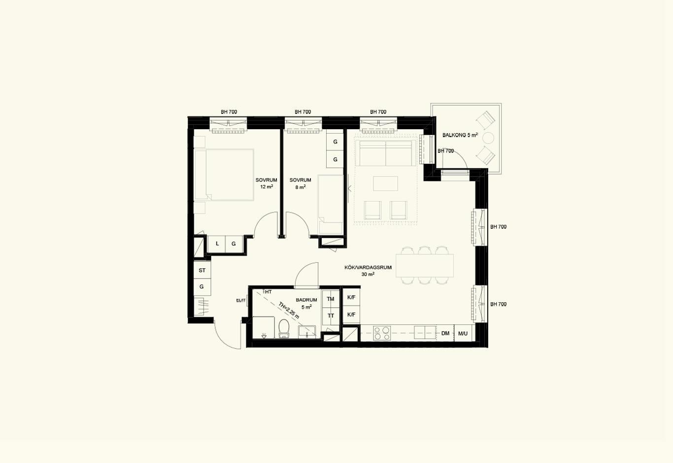 Planlösning på en 3-rumslägenhet, cirka 67 kvadratmeter