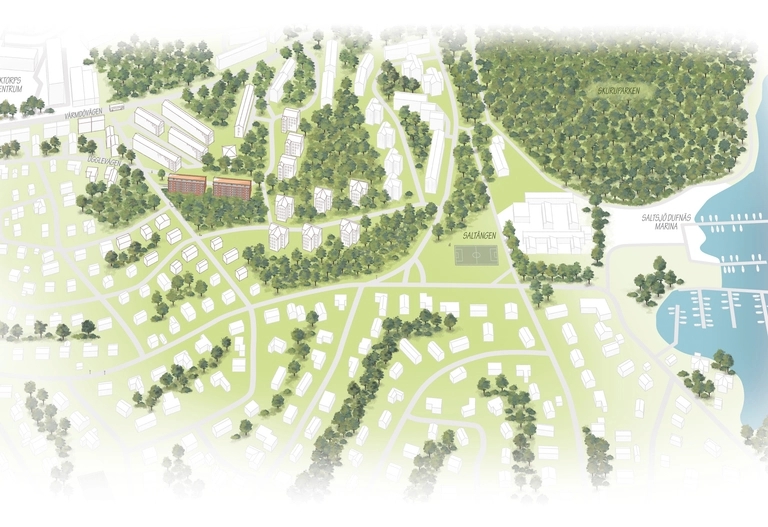 En översiktskarta som visar vägar, byggnader, träd, öppna ytor, ett hamnområde och ett skogsområde nära en vattenförekomst.