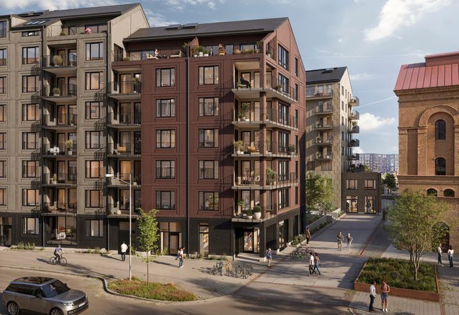 Renderad bild över flerfamiljshus med mjuka tegelfasader intill ett torg