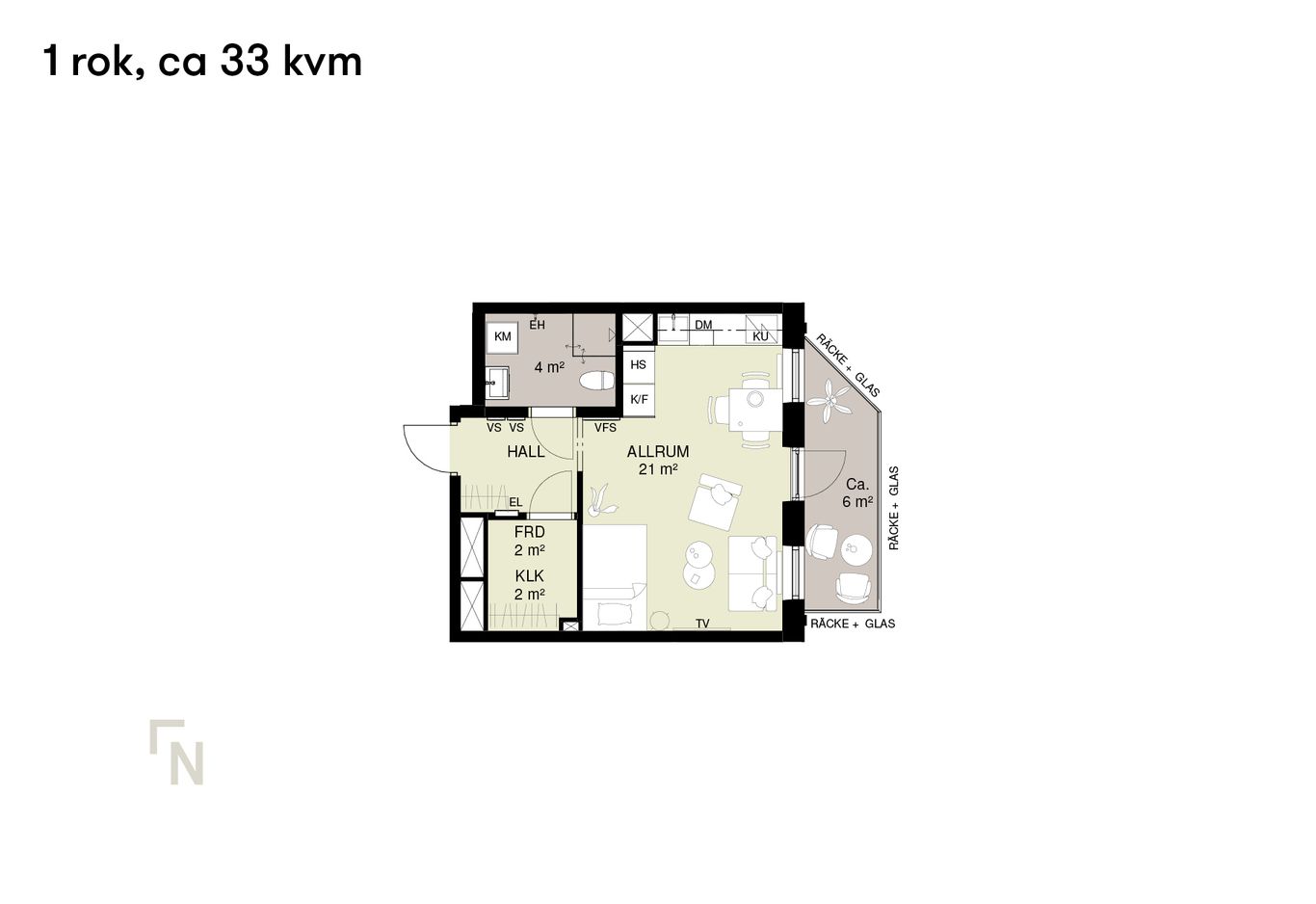 Planlösning för en 33 kvadratmeter stor lägenhet med vardagsrum, kök, badrum, hall och balkong.