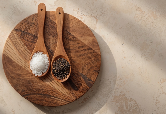Två träskedar på en rund träbräda, den ena med salt och den andra med svartpepparkorn.