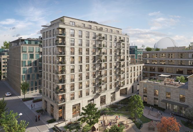 Stora fransyskan exteriör med tegelfasad, takterrasser och balkonger. Gemensam takterrass med pergola.