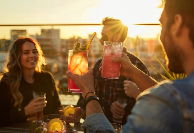 Fyra personer sitter utomhus i solnedgången med färgglada drinkar i handen och skålar vid ett bord med fler drinkar.
