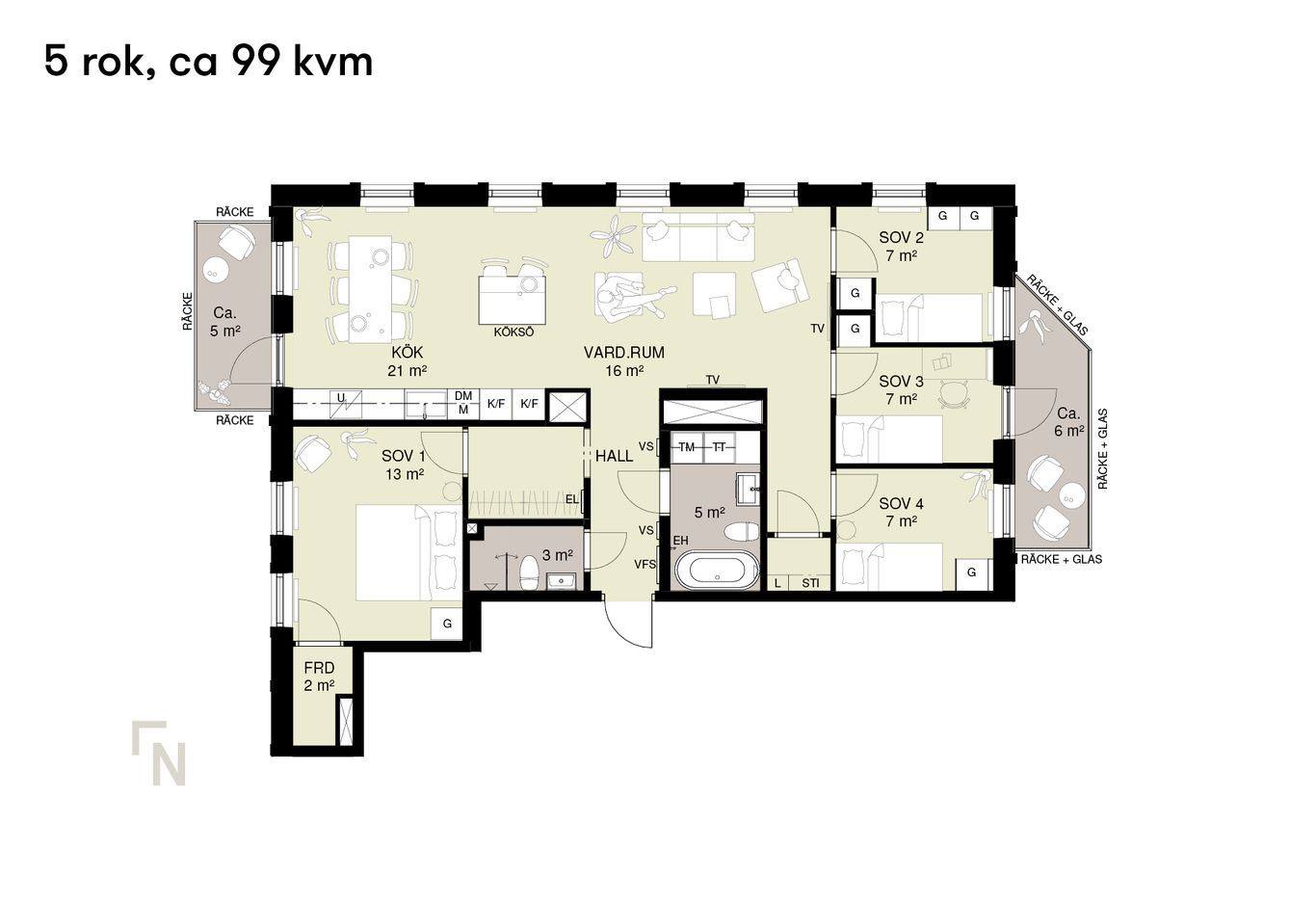 Planritning märkt "5 rok, ca 99 kvm" visar en lägenhet med kök, vardagsrum, matplats, fem sovrum och två badrum.
