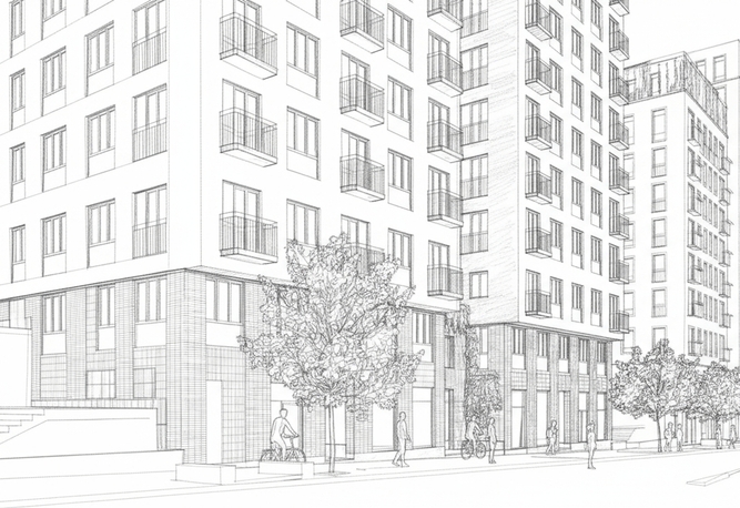 Svartvit arkitektonisk skiss av ett flervåningshus med träd och människor på trottoaren.