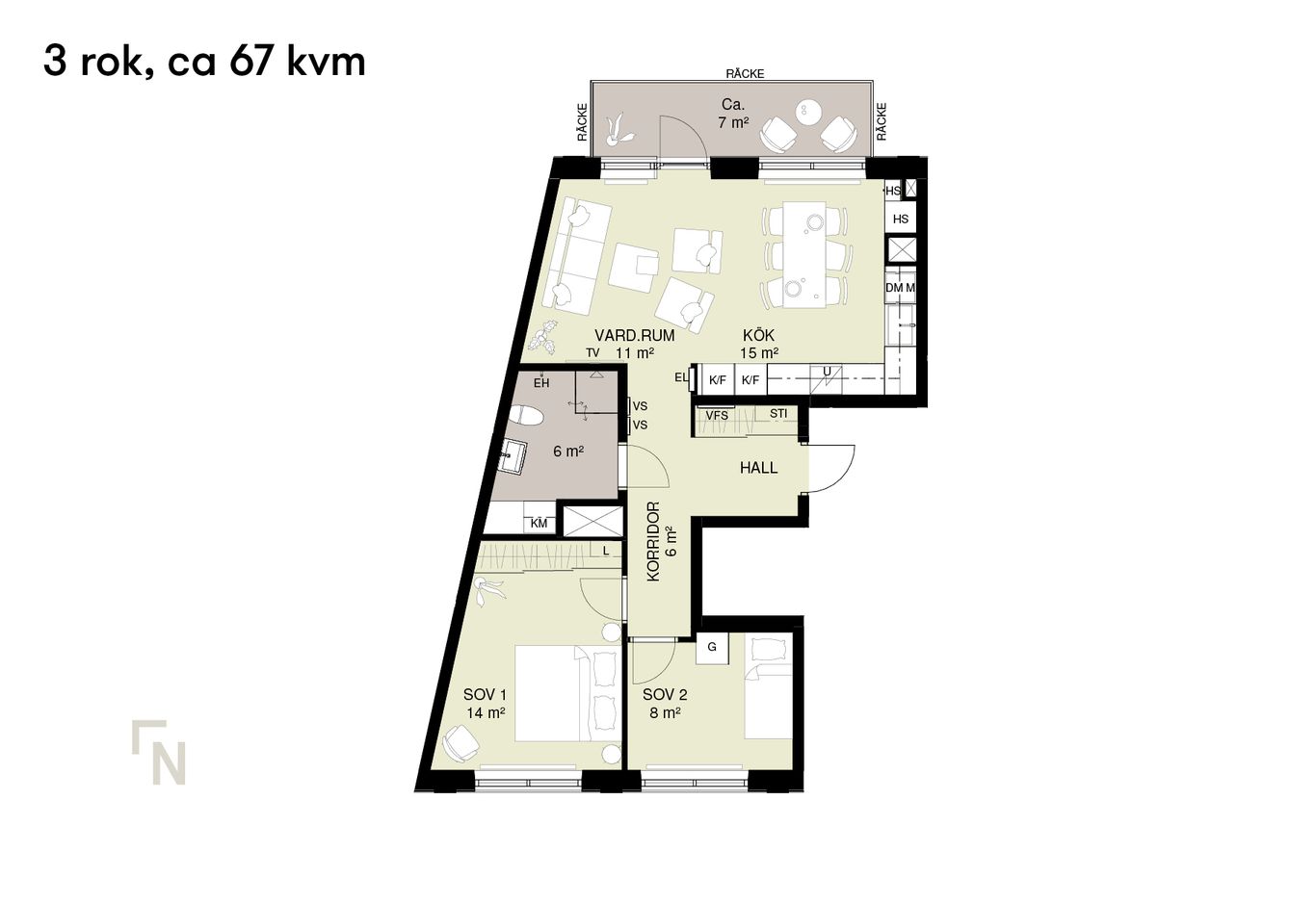 Planlösning på en 67 kvm lägenhet med tre rum inklusive vardagsrum, kök, två sovrum och hall.