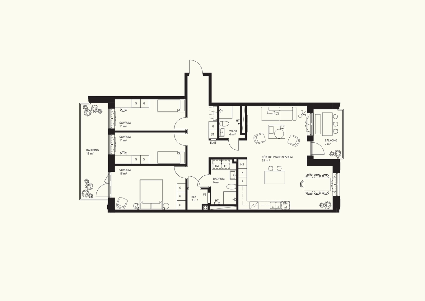 Planritning 4 rum och kök 107 kvm