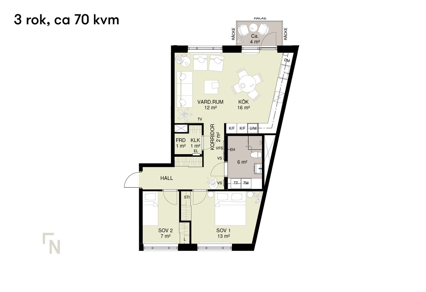 Planlösning som visar en trerummare, cirka 70 kvadratmeter stor lägenhet, inklusive kök, vardagsrum, hall, två sovrum, badrum och balkong.