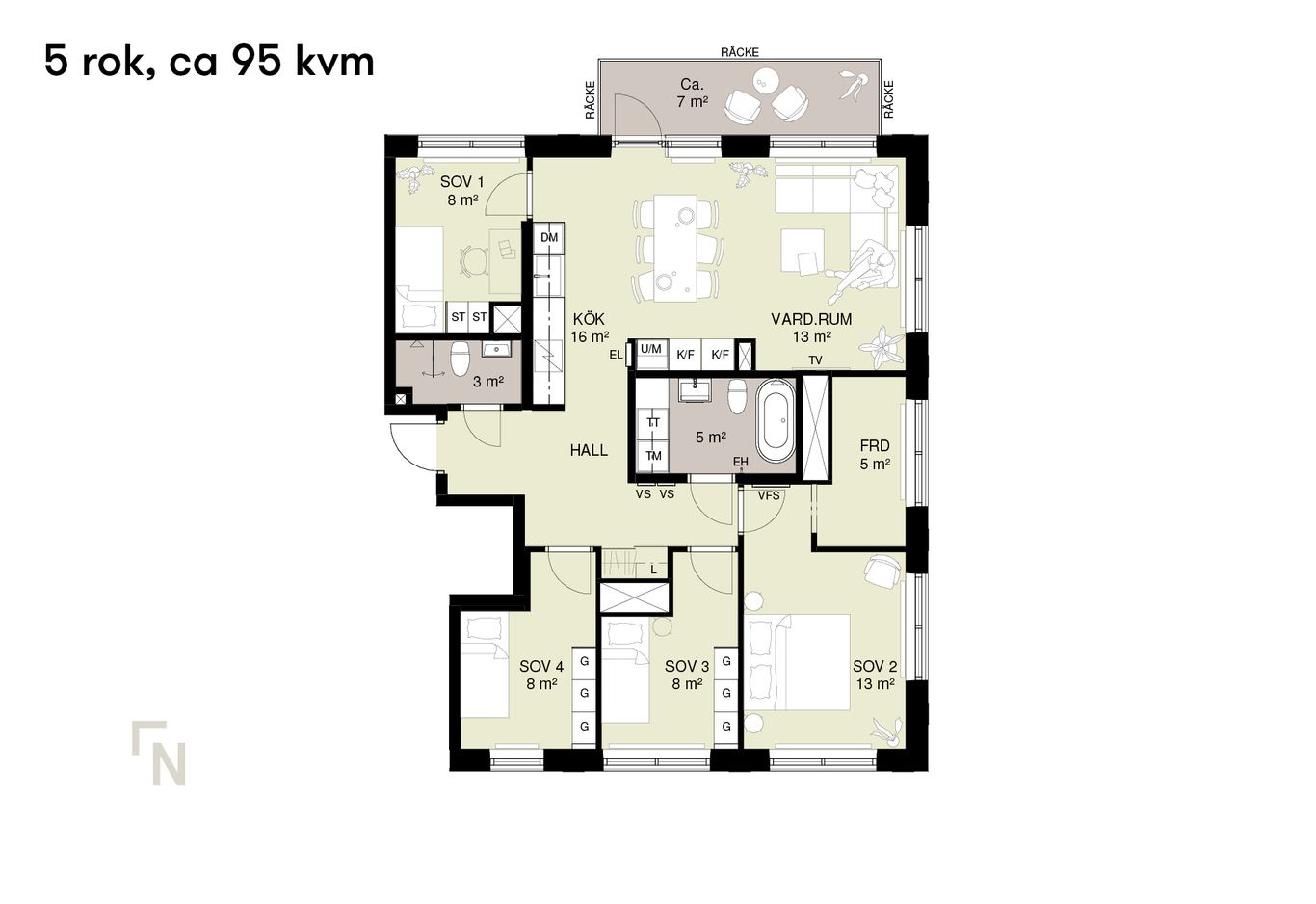 Planritning märkt "5 rok, ca 95 kvm" som visar fem rum, vardagsrum, kök, badrum och balkong.