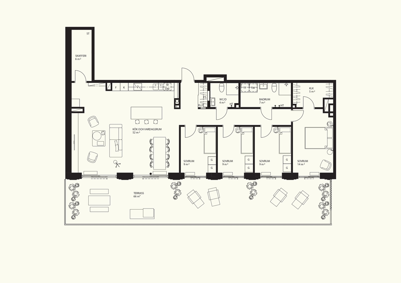 Planritning 5 rum och kök 135 kvm