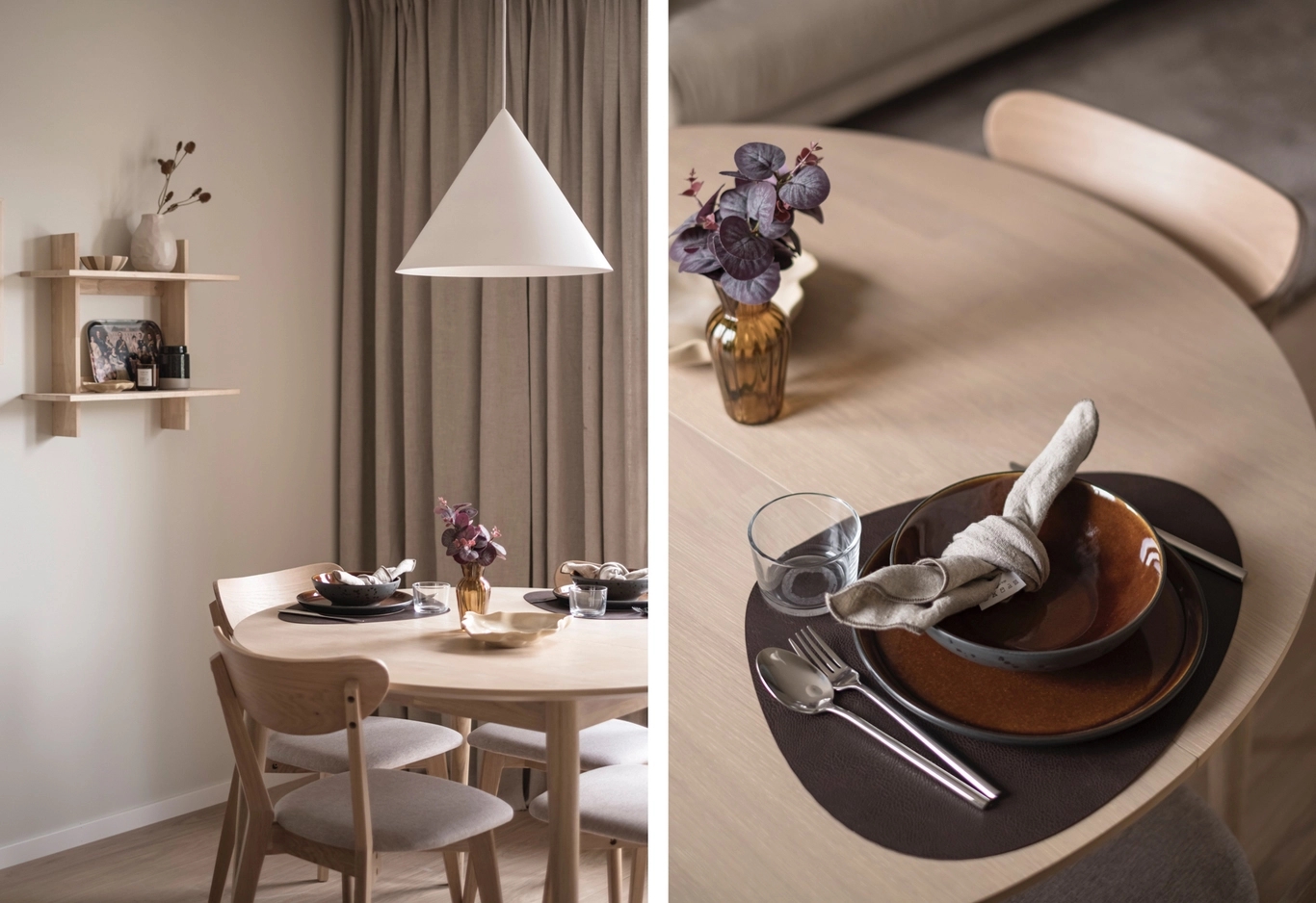 Detaljbilder av matbord under lampa samt dukning på bordet med tallrik och linneservett.