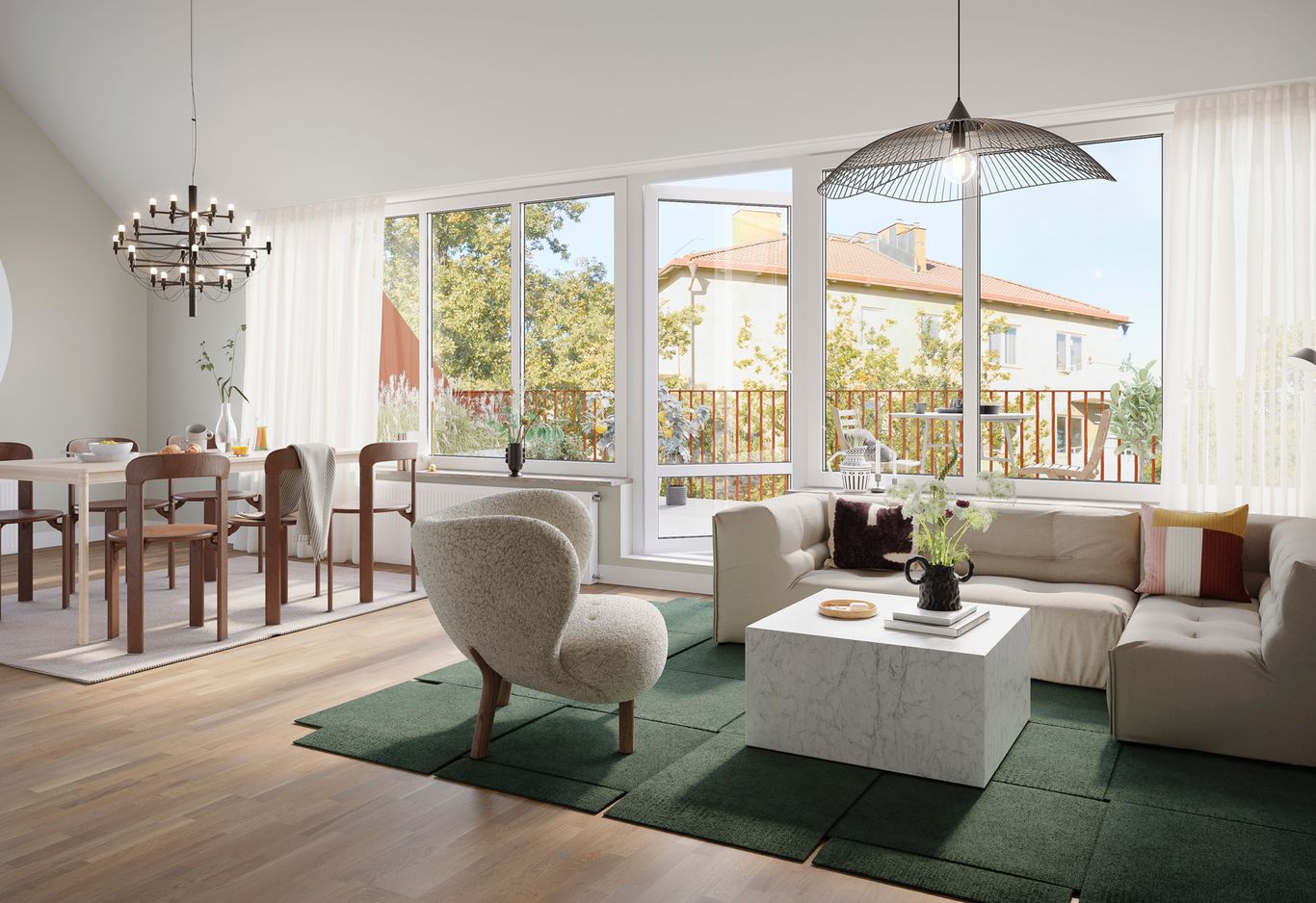 Vardagsrum med plats för soffgrupp och matplats