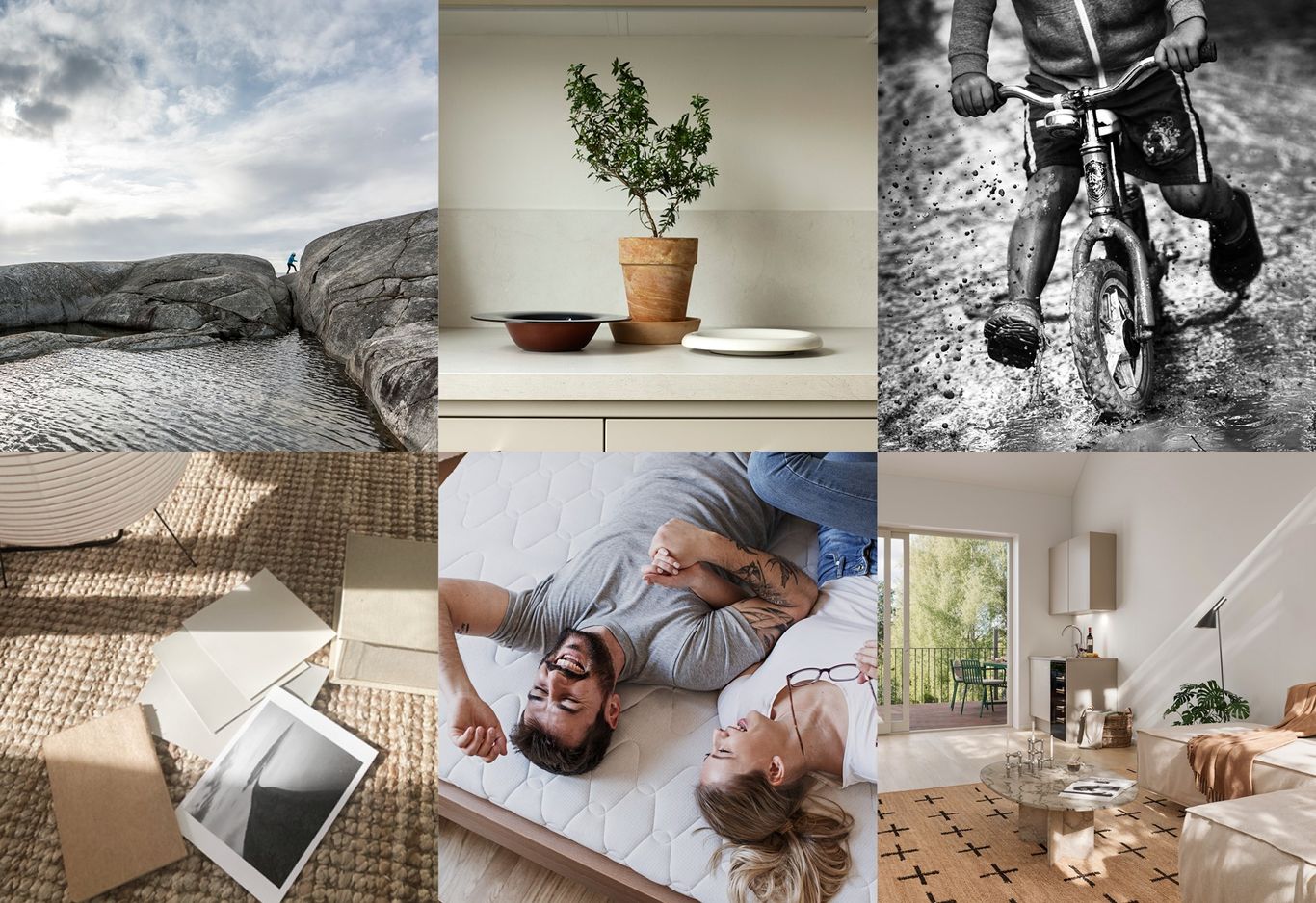 Ett kollage sammansatt av bilder som visar skandinavisk design, natur och glada människor.