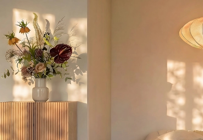 Stor blomsterbukett i vas på ribbad träskänk. Solljus skapar långa skuggor på väggen i ett varmt rum.
