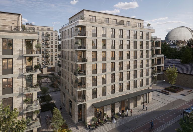 Lilla fransyskan exteriör med tegelfasad, takterrass och balkonger