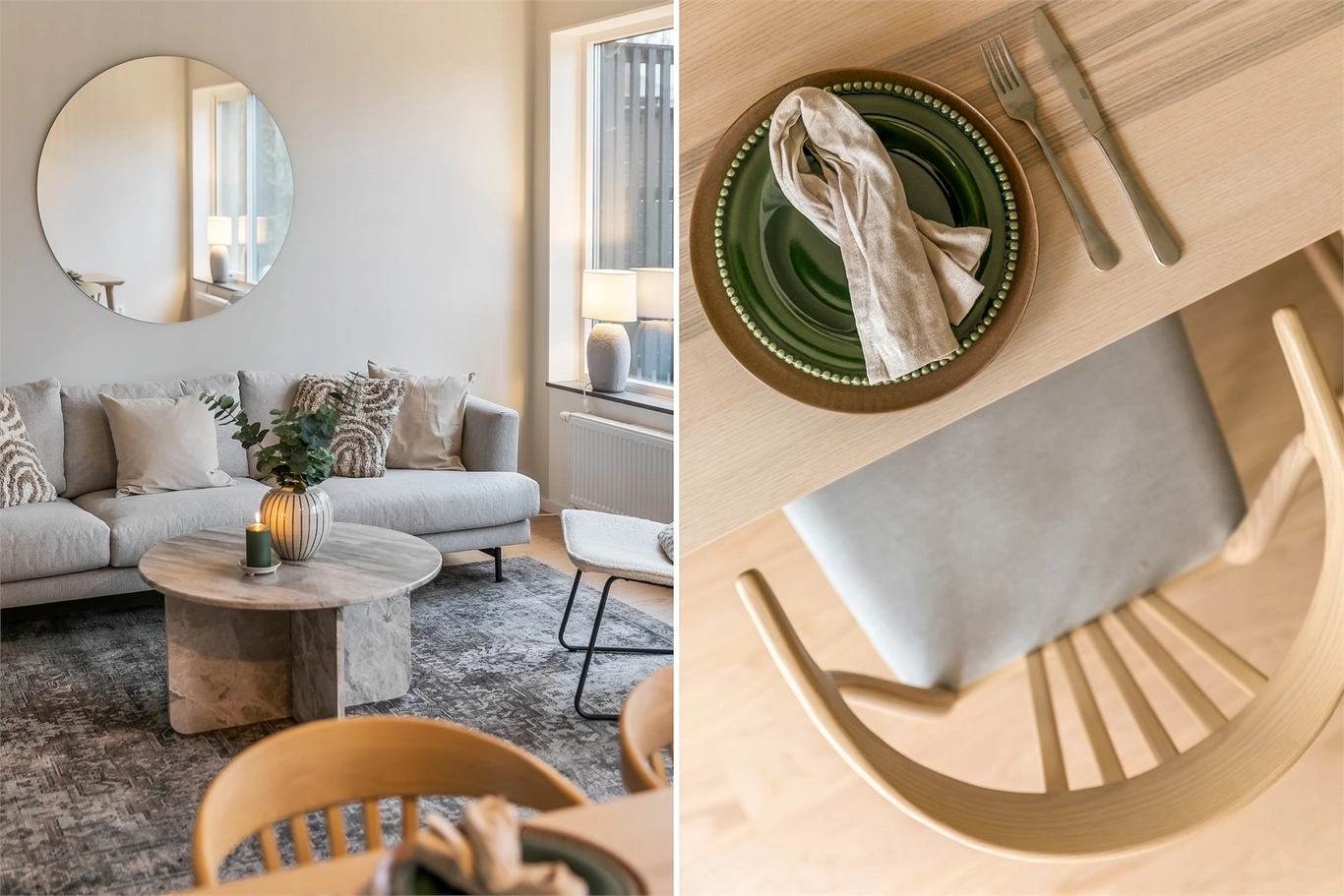 Ljust, minimalistiskt vardagsrum och matplats med ljusa trämöbler, vita väggar och ett stort snedställt fönster.