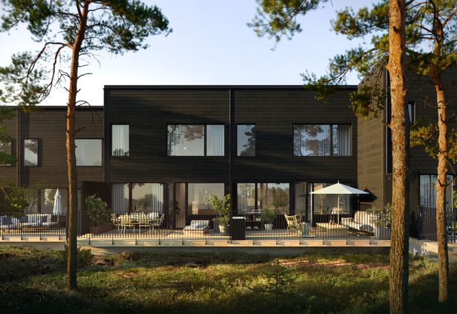 Exteriörbild på svarta hus med grönska i förgrunden