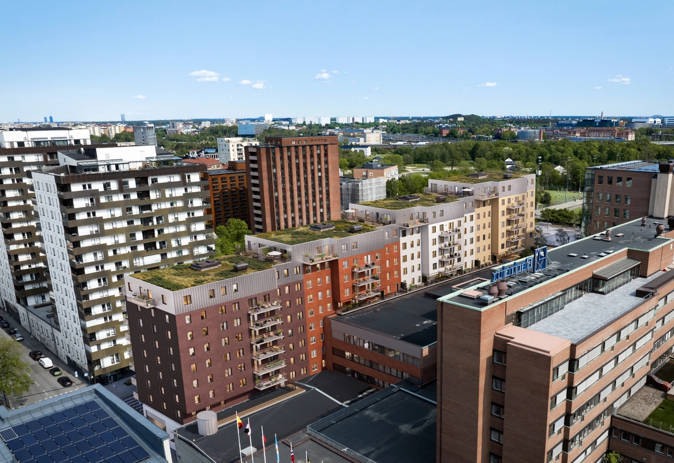 Kellhagens fasader sett från baksidan med balkoger