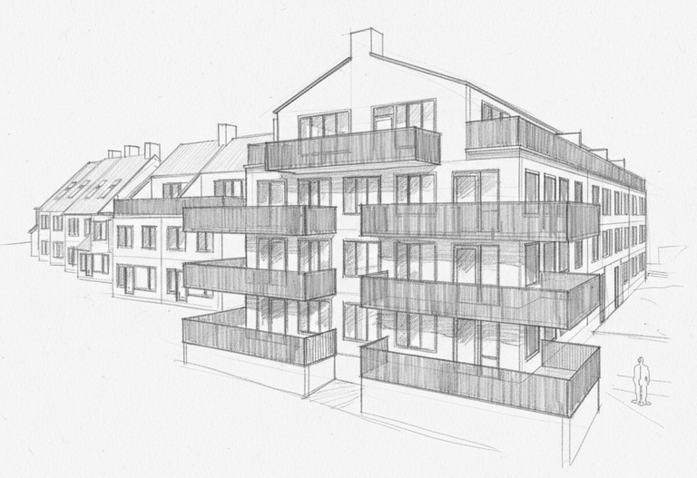 En skiss över ett skissat flerfamiljshus med balkonger.
