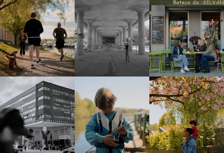 Kollage av strandpromenad, basket, restaurang, Västermalmsgallerian, fiske och blommiga träd i rosa