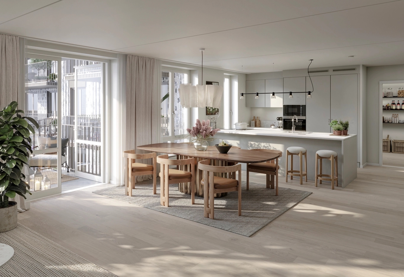 House of Nelly. Modernt kök och matplats med trämöbler, köksö, stora fönster och naturligt ljus.