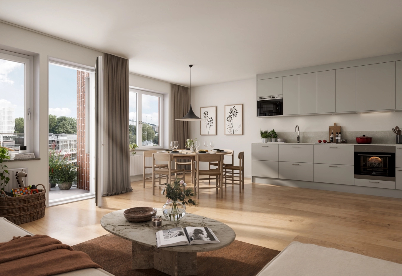 Vardagsrum och kök i öppen planlösning. Soffgrupp och matplats med utgång til balkongen