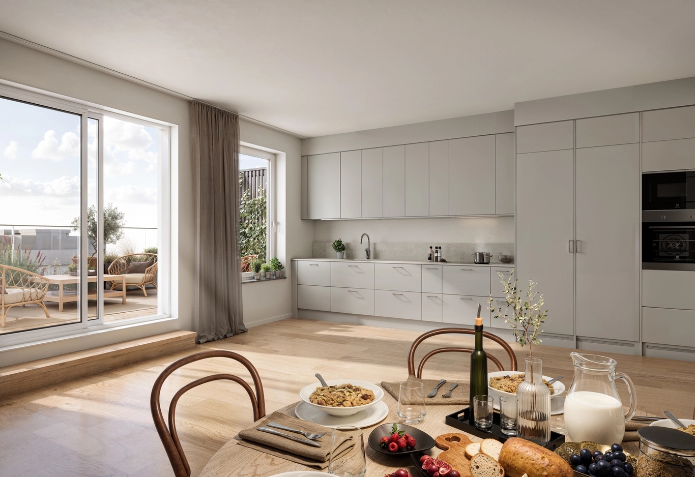 Köksbild med runt bord med frukostdukning