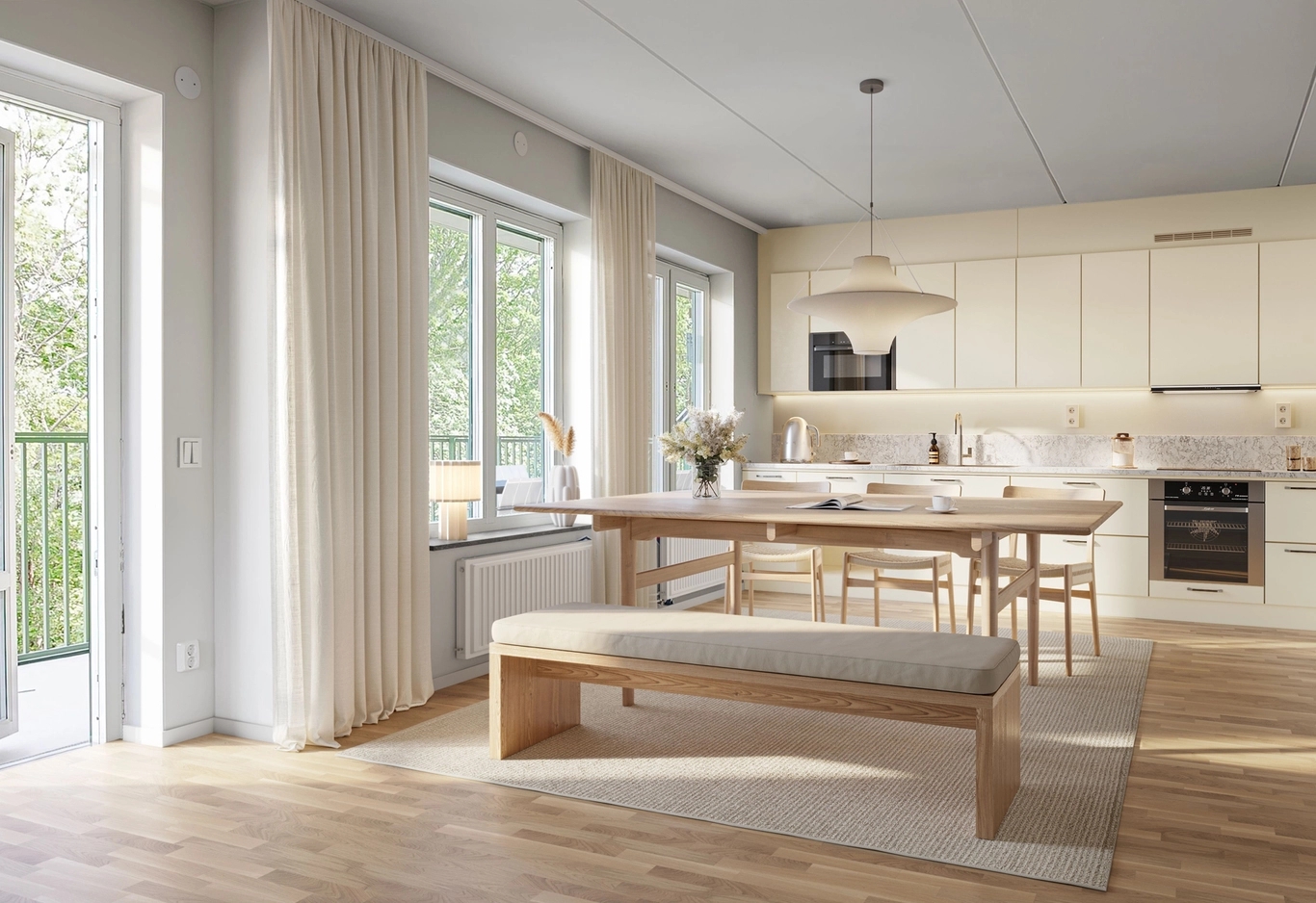 Ljust, modernt kök och matplats med möbler i ljust trä, ljusa köksskåp och stora fönster som släpper in naturligt ljus. Utgång till balkong, 3D-rendering från Lilla häll.