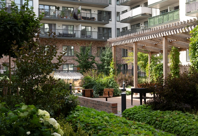 Grönskande innergård med trädgårdsgång, bänkar, en träpergola med klätterväxter och höga bostadshus i bakgrunden.