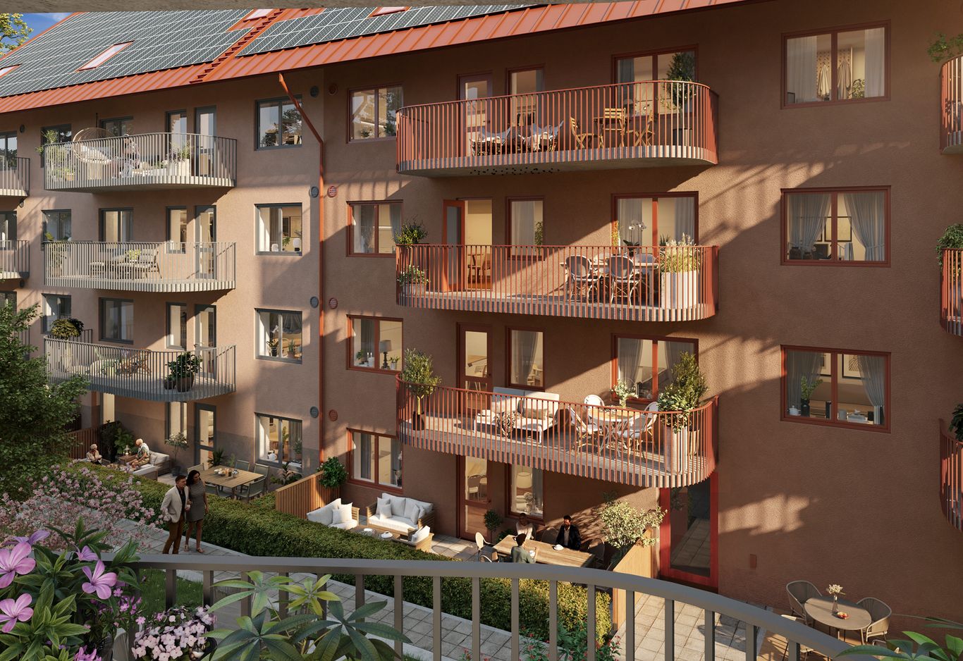 Utsikt från ena huset mot det andra husets balkonger