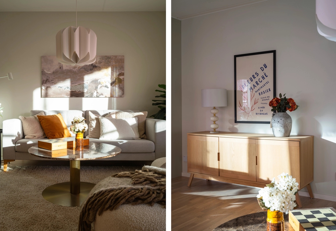 Kollage med två bilder från ett vardagsrum i neutrala toner med soffa, soffbord, skänk och dekorativa accenter.