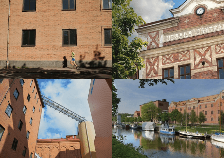 Närbild på en tegelbyggnad och dess tegelfasad. På fasaden står den Uppsala jästfabrik.