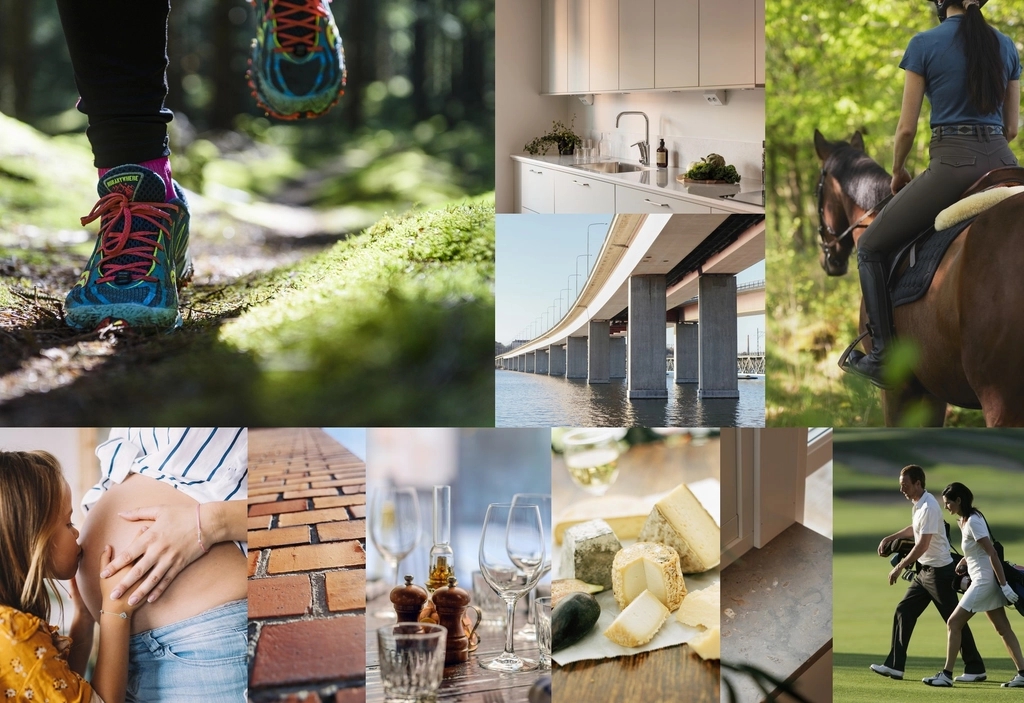 Åtta bilder: Löparskor i skog, hästryttare, modernt kök, bro över vatten, gravidmage, vin, ost och golfspelare.
