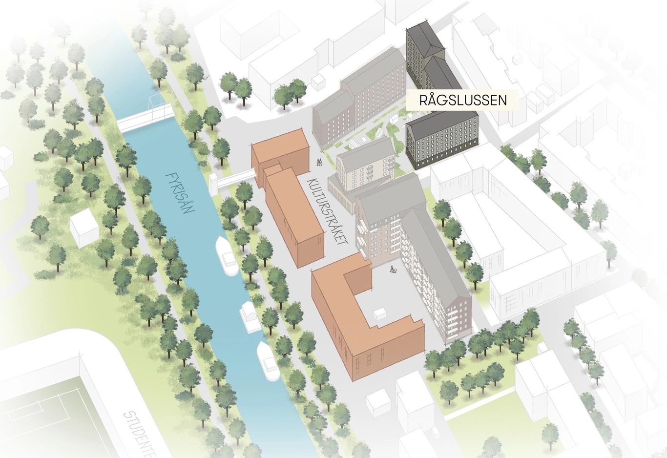 Illustrerad översikt över Skeppskajen och intilliggande bostadskvarter och Fyirsån. Avstånd till sevärdheter finns utmärkta