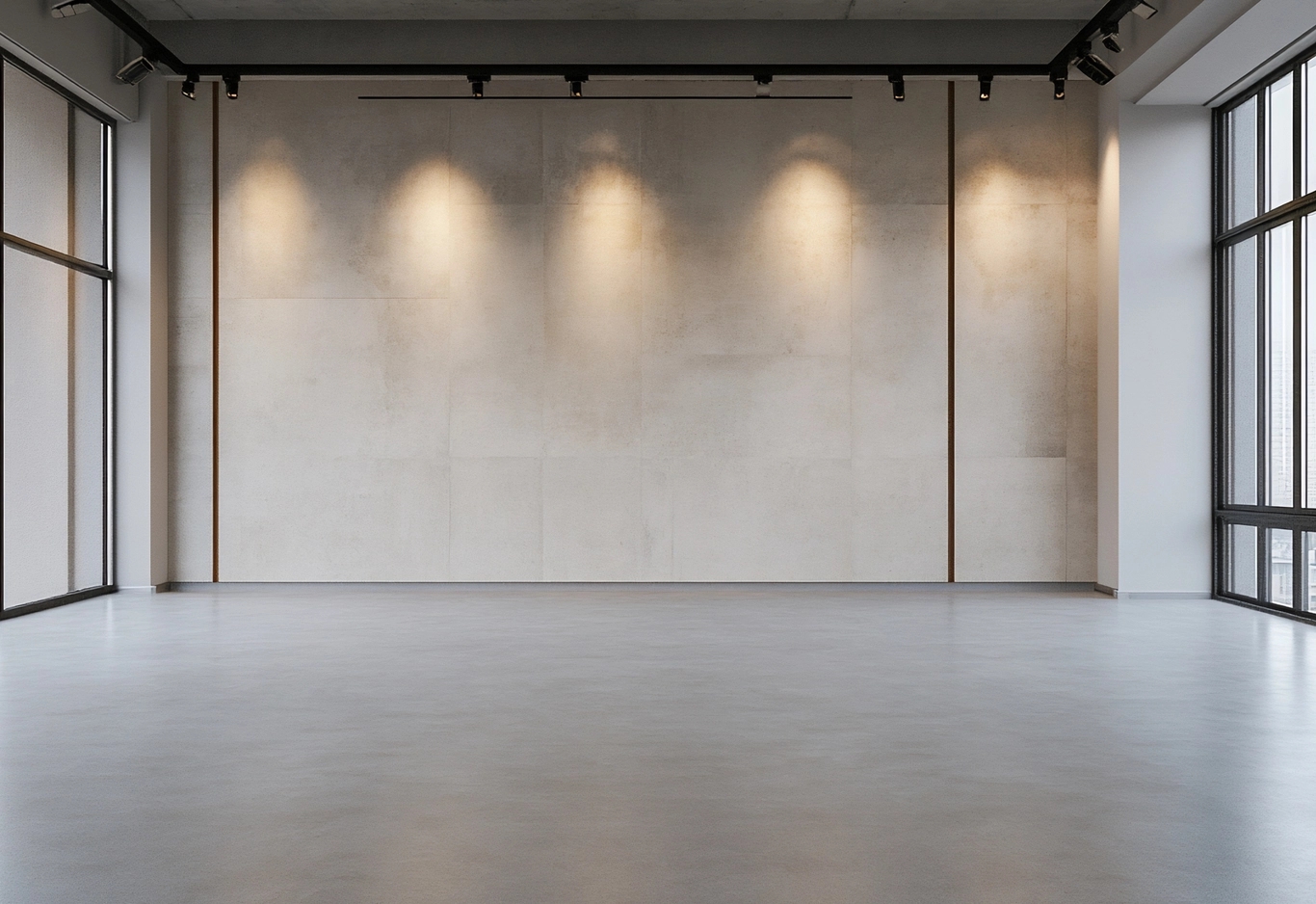 En tom lokal inredd med betonggolv och väggar under en spotlights-skena.