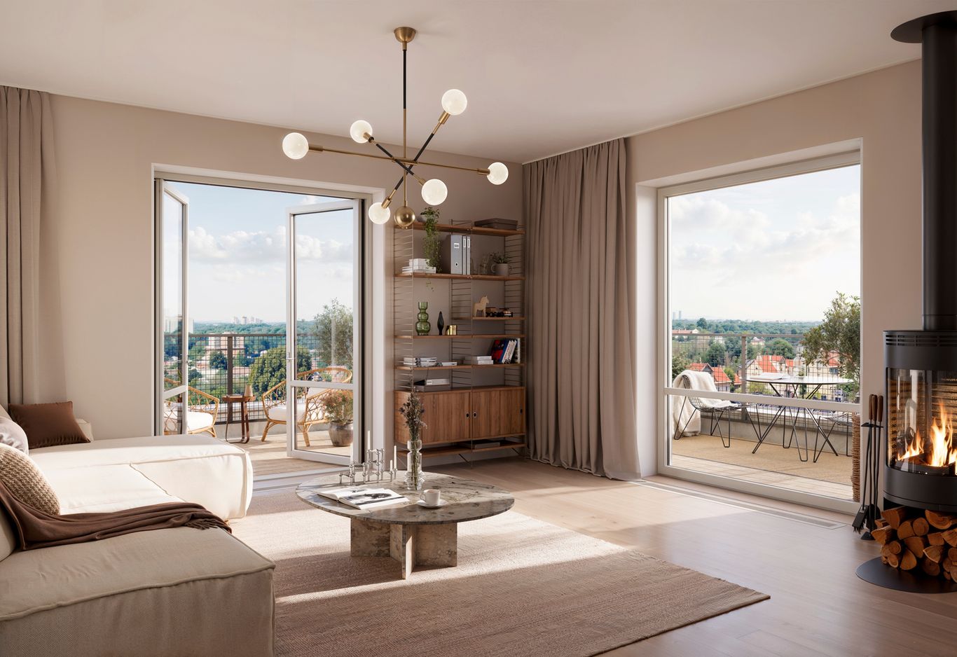 Stort vardagsrum med öppenspis och dubbeldörrar till takterrass