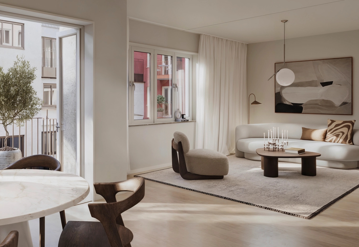 Modernt vardagsrum med neutrala toner, stora fönster, abstrakt konst och minimalistiska möbler, intill en matplats.